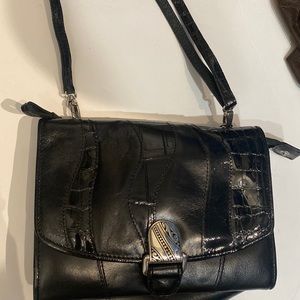 brighton black crossbody purse leather snakeskin patent silver buckle mini bag